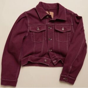 JEANERICA Cropped Denim Jacket in Burgundy - Size Small